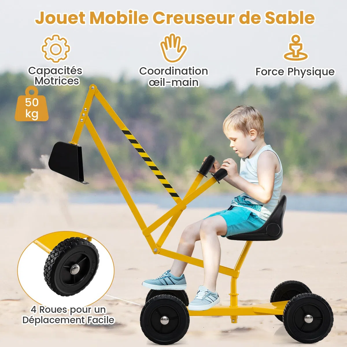 COSTWAY Pelleteuse Enfant avec Siège Pivotant à 360°& Pelle, Tractopelle pour Bac à Sable avec Cadre Métal & 4 Roues, Jouet Pelleteuse Excavatrice Manuelle pour Sable Terre Neige, 3 Ans+