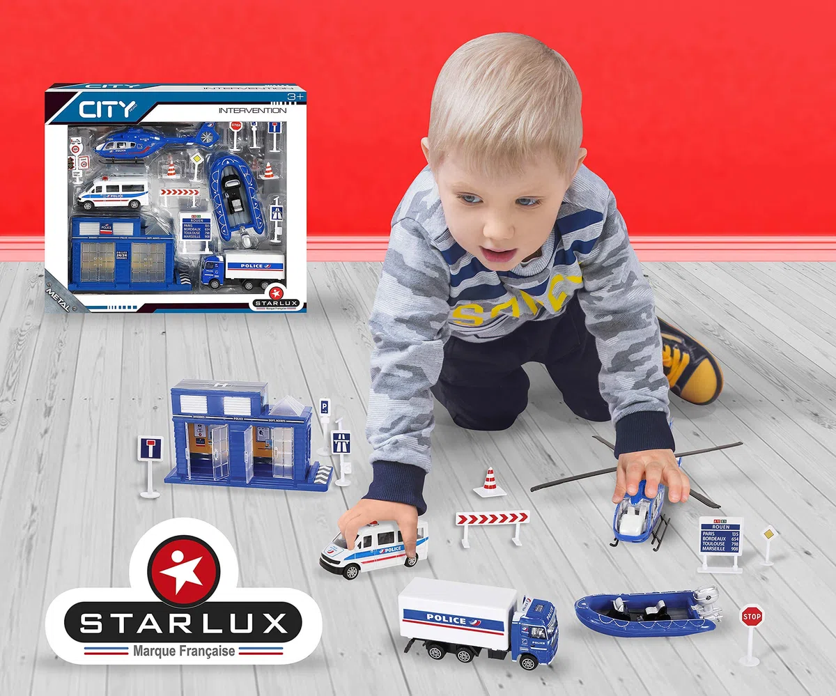 STARLUX – Coffret de Petites Voitures de Police avec Poste de Douane, hélicoptère de Police, Zodiac et Panneaux Routiers – Jouet Enfant 3 Ans et Plus - 806102