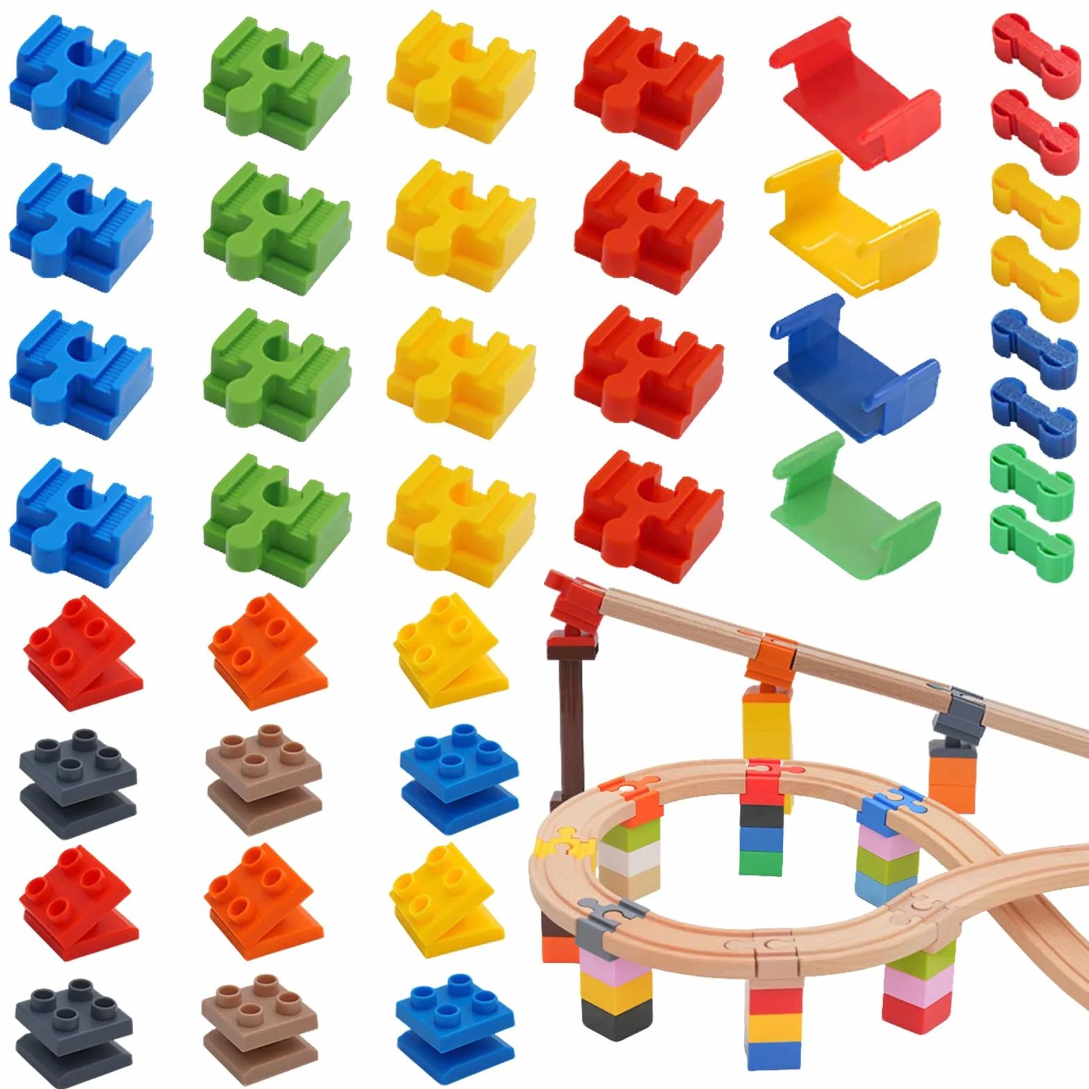 Shinybox Lot de 40 Adaptateurs de Rail en Bois, Accessoires Connecteurs de Rail en Plastique, Rallonge Train pour Circuit Bois