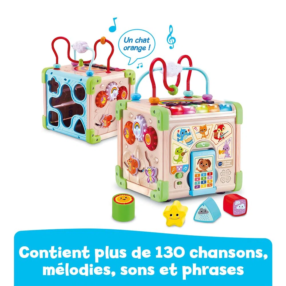 VTech - Cube Nature Interactif Multi Activité, Cube d’Activités Bébé, Jouet d'Éveil Sensoriel Partiellement en Bois, Trieur de Formes, Piano Lumineux, Cadeau Bébé Dès 9 Mois - Contenu en Français