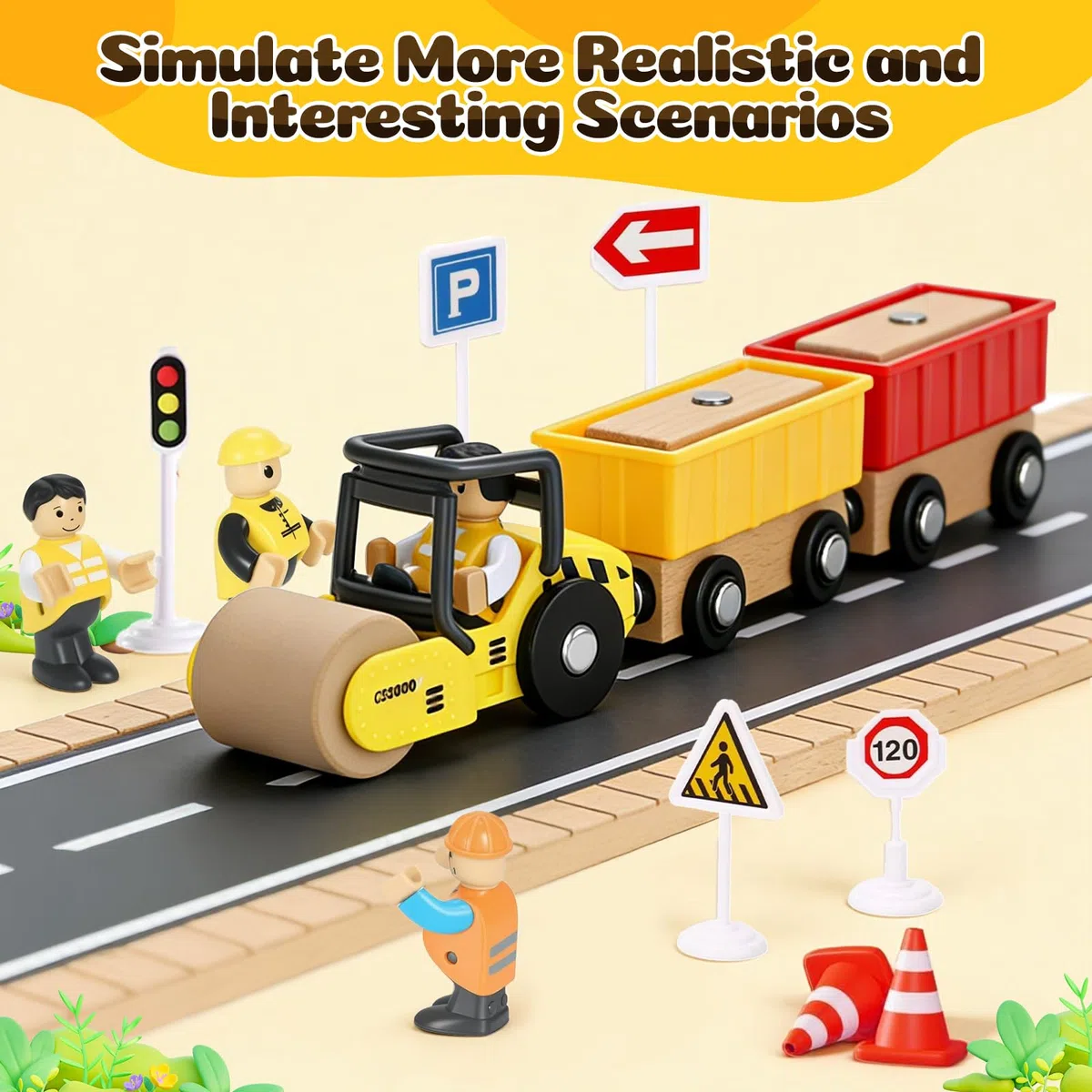Jouet Enfant 3 Ans Véhicule Chantier Jouet en Bois,29 Pcs Engins de Chantier Enfant avec Grue Jouet Creuseur Camion-Benne Rouleau Routier Panneaux de Signalisation Cadeau Garçon 2 3 4 5 6 Ans
