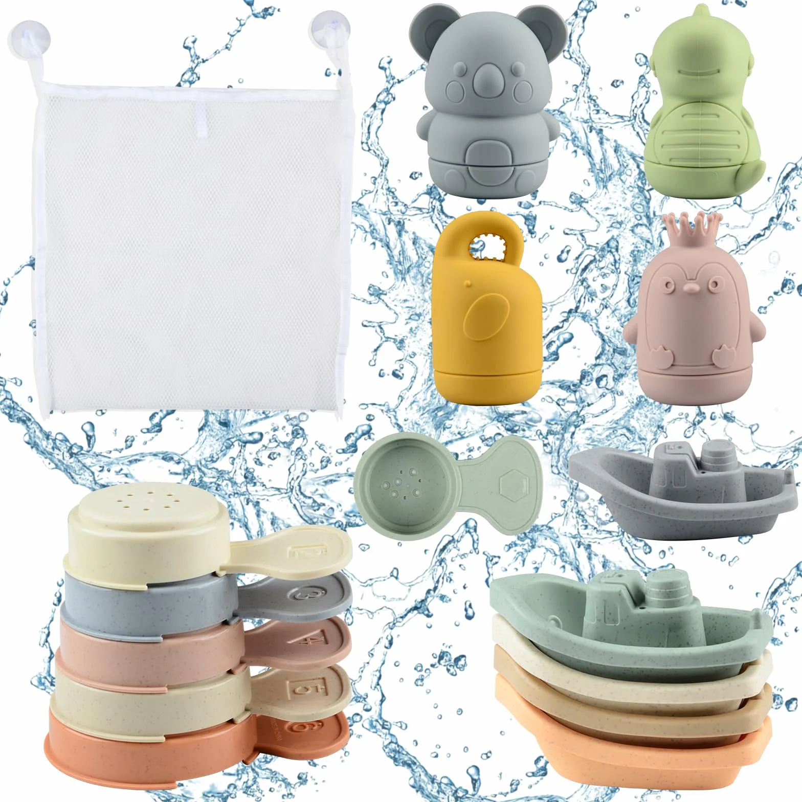 Jouet Bain Bébé, 16 Pièces Jouets de Bain Jouets à Presser Sensoriels avec Bateaux Empilables et Cuillère, Jeux de Bain Jouets de Douche de Bébé Amusants Jouets Flottants pour Bebe Enfant