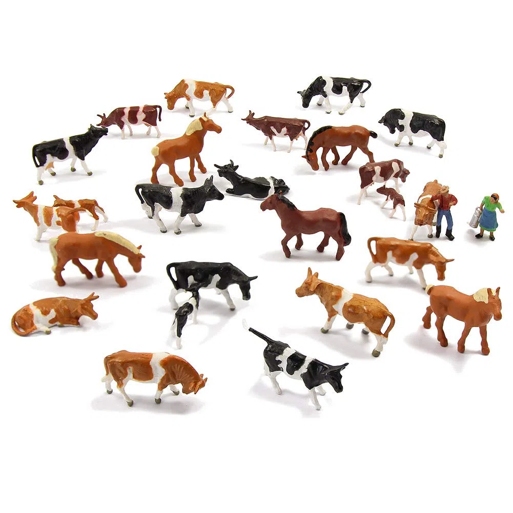 Evemodel Modélisme ferroviaire 36 pièces 1:87 Animaux de Ferme Bien Peints Piste H0 Vaches Chevaux Figurines