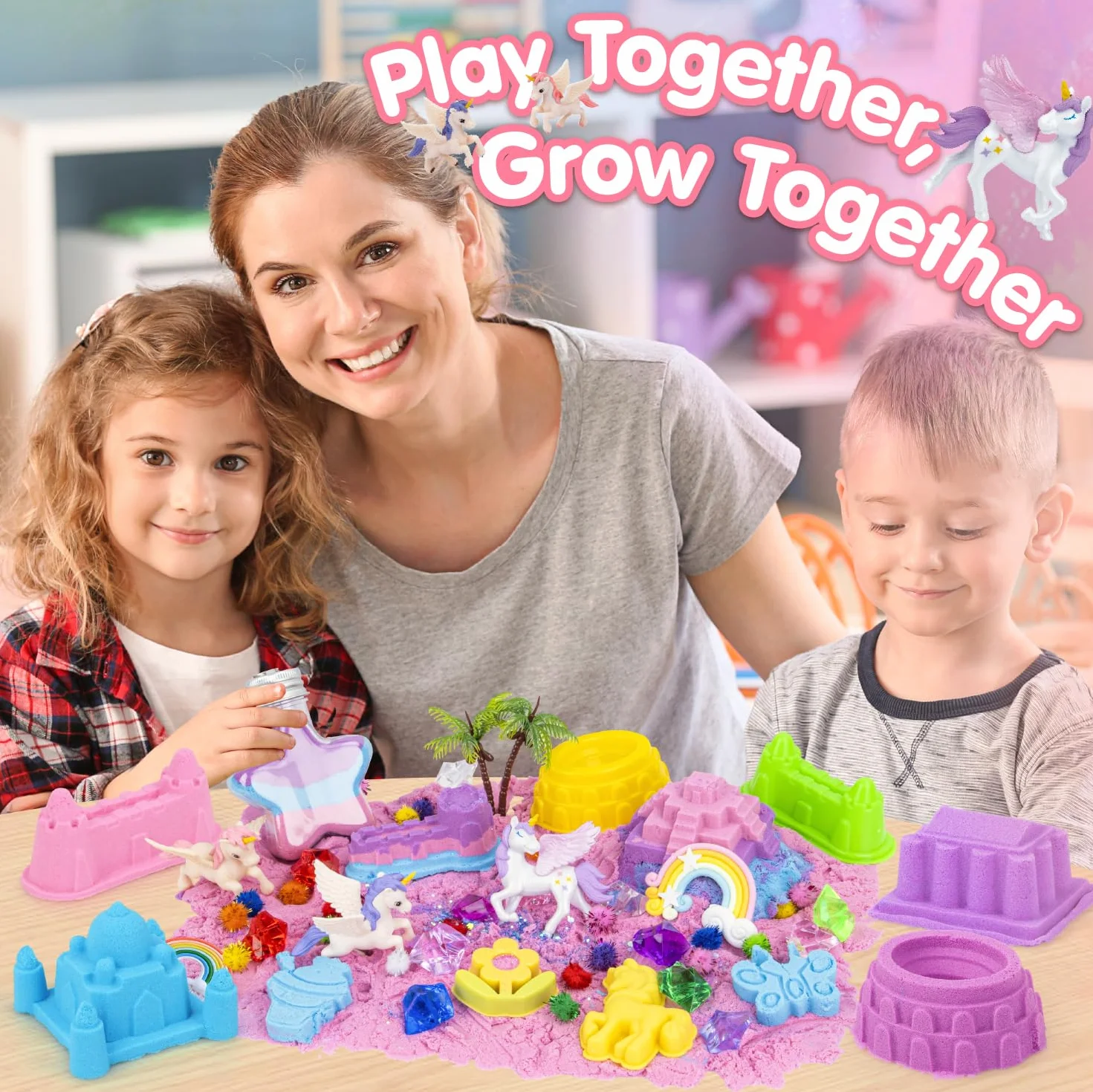 snookids Sable Magique, Sable pour Bac a Sable Coffret de Licorne, Comprenant 24 Moules à Sable, 3 Licornes, Coquillage Avec Couvercle et Un Jouet Sensoriel pour Les Enfants 3 4 5 6 7 8 9+ Ans