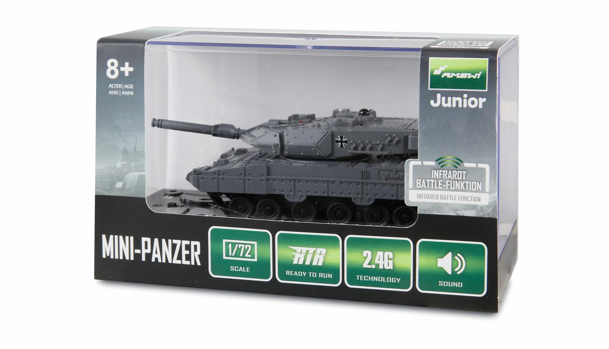 Amewi RC Leopard II Mini Char télécommandé avec Fonction Battle IR 1:72 RTR Enfants à partir de 8 Ans Gris