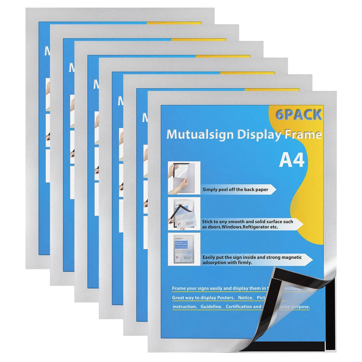 6 Pièces Cadre d'Affichage Magnétique A4, Autocollant, Adhésif pour Signe Enseignes Pochette d'Information avec Fermeture Magnétique (Argent)
