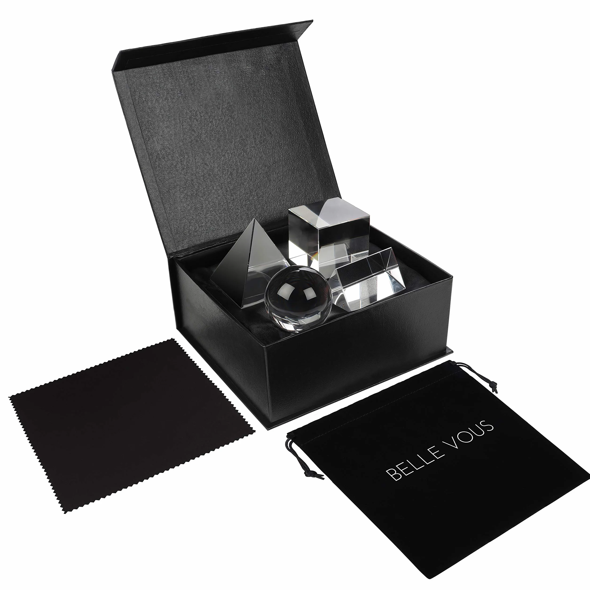 BELLE VOUS Lot de 4 Prisme Photographie Triangle, Sphère, Pyramide, Cube - Prisme Optique avec Pochette Velours, Tissu Microfibre, Boite Cadeau - Prisme Cristal K9 Spectre de Lumière et Effet Photo