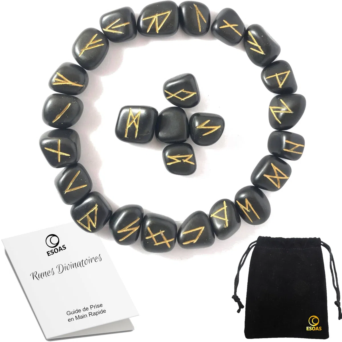 RUNES DIVINATOIRES VIKING, Set x25 Pierres Polies Semi Précieuses Gravées (Agate Noire) Avec Sac. Idéal Pour Divination, Voyance et Magie. Alphabet Runique Futhark, Oracle de la Mythologie Nordique