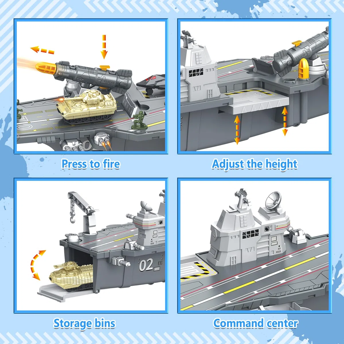 deAO Porte-Avions De Jouet, Navire Militaire avec 10 Soldats, Hélicoptères, Chars, Maquette De Bateau Cuirassé, Kit de Jouets Militaires Cadeau pour Enfants 3-12 Ans