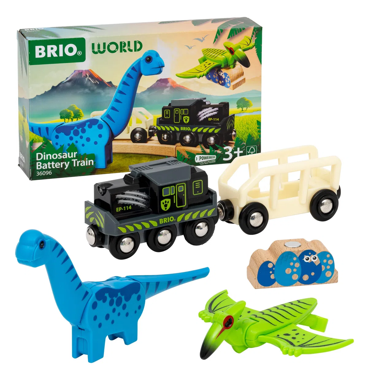 BRIO World - 36096 - Train à Piles Dinosaure - Train électrique - Dinosaure Inclus - pour Circuit de Train en Bois - Jouet Mixte à partir de 3 Ans