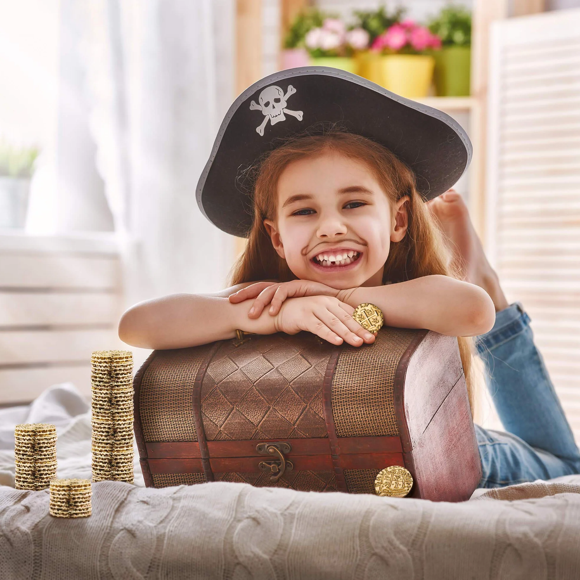 Pièces D'Or Pirate en Métal - 100 Pieces Or Coffre Pirate Trésor, Répliques de Doublons Espagnols En Métal Pour Les Jeux De Société, Les Jetons, Le Cosplay, Coffre Tresor de Jouet Pirate - M taille