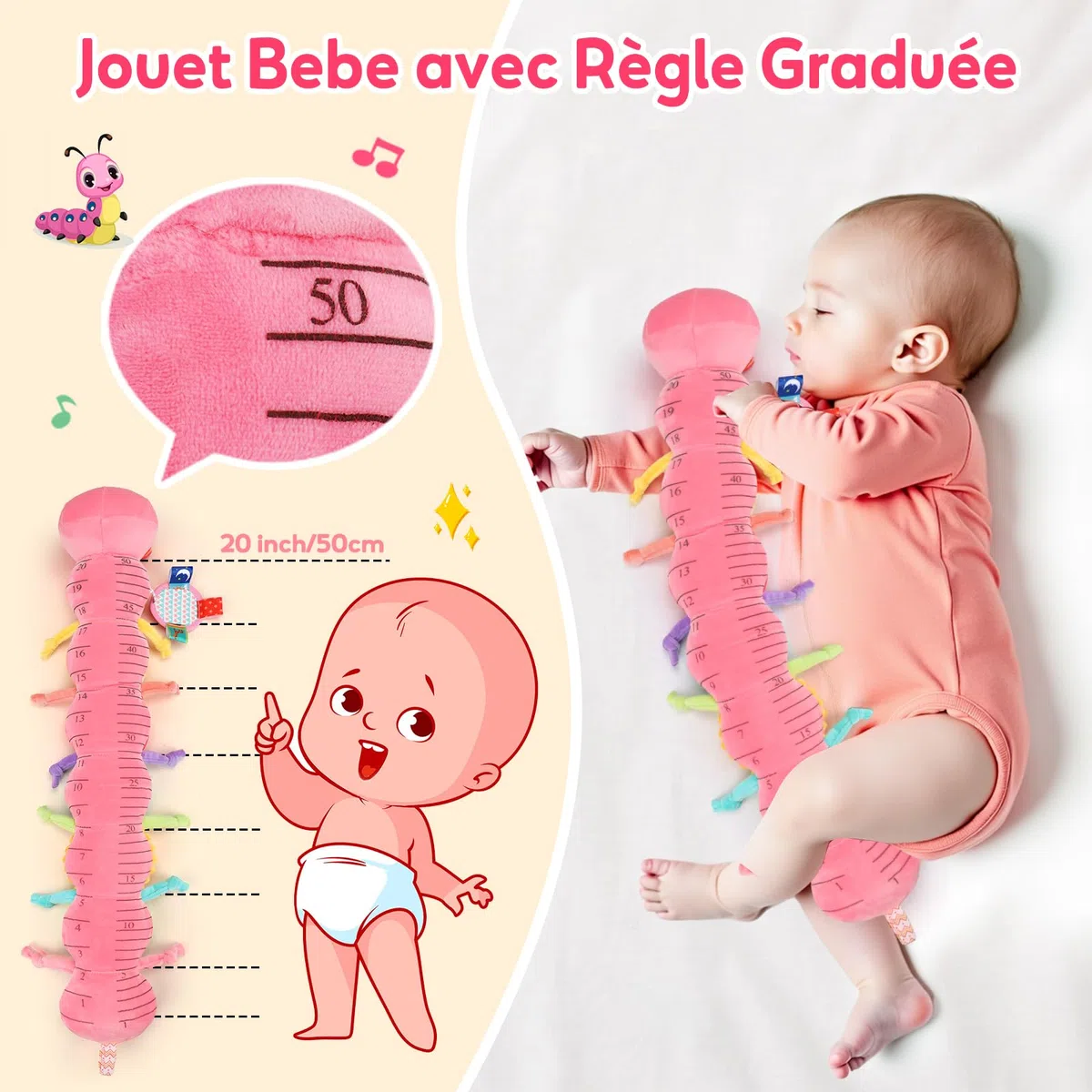 Lypsochaat Jouet Bebe 0-3-6-9-12 Mois, Jouet en Peluche Chenille Musicale, Jeux Bébé Eveil 0-3 0-6 Mois, Cadeau Naissance Fille Garcon Bébé (Rose)