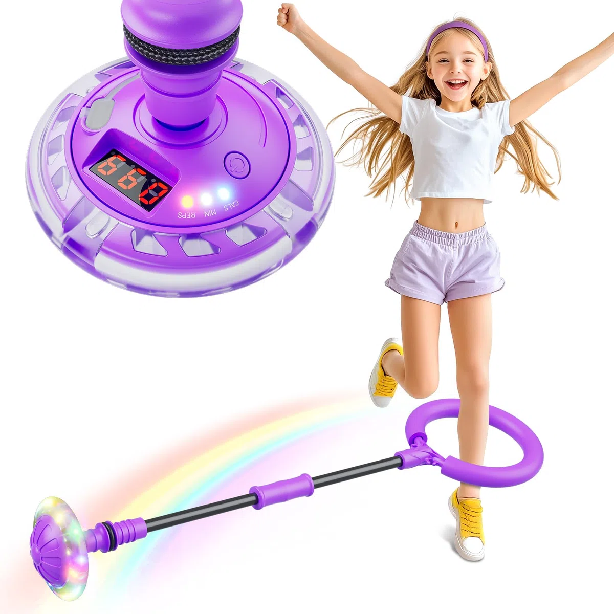 Hot Bee Anneau de saut d'obstacle clignotant pour enfants avec compteur, minuterie, compteur de calories, jouet cadeau pour filles de 6 à 12 ans, roue swing rechargeable, avec roue lumineuse, Noël,