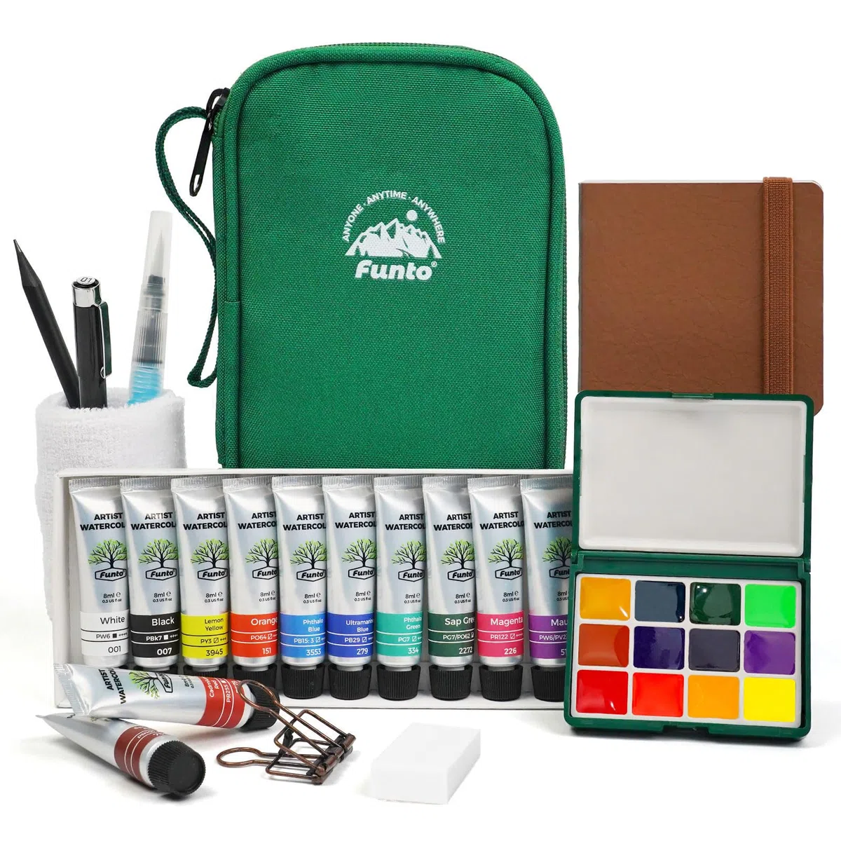 Funto Mini Set d'Aquarelle de Voyage, Kit d'Art de Voyage Rechargeable 12 Couleurs, Fournitures de Peinture Mini Tout-en-Un avec Sac, Matériel d'Art pour Tous Niveaux, Amateurs et Artistes