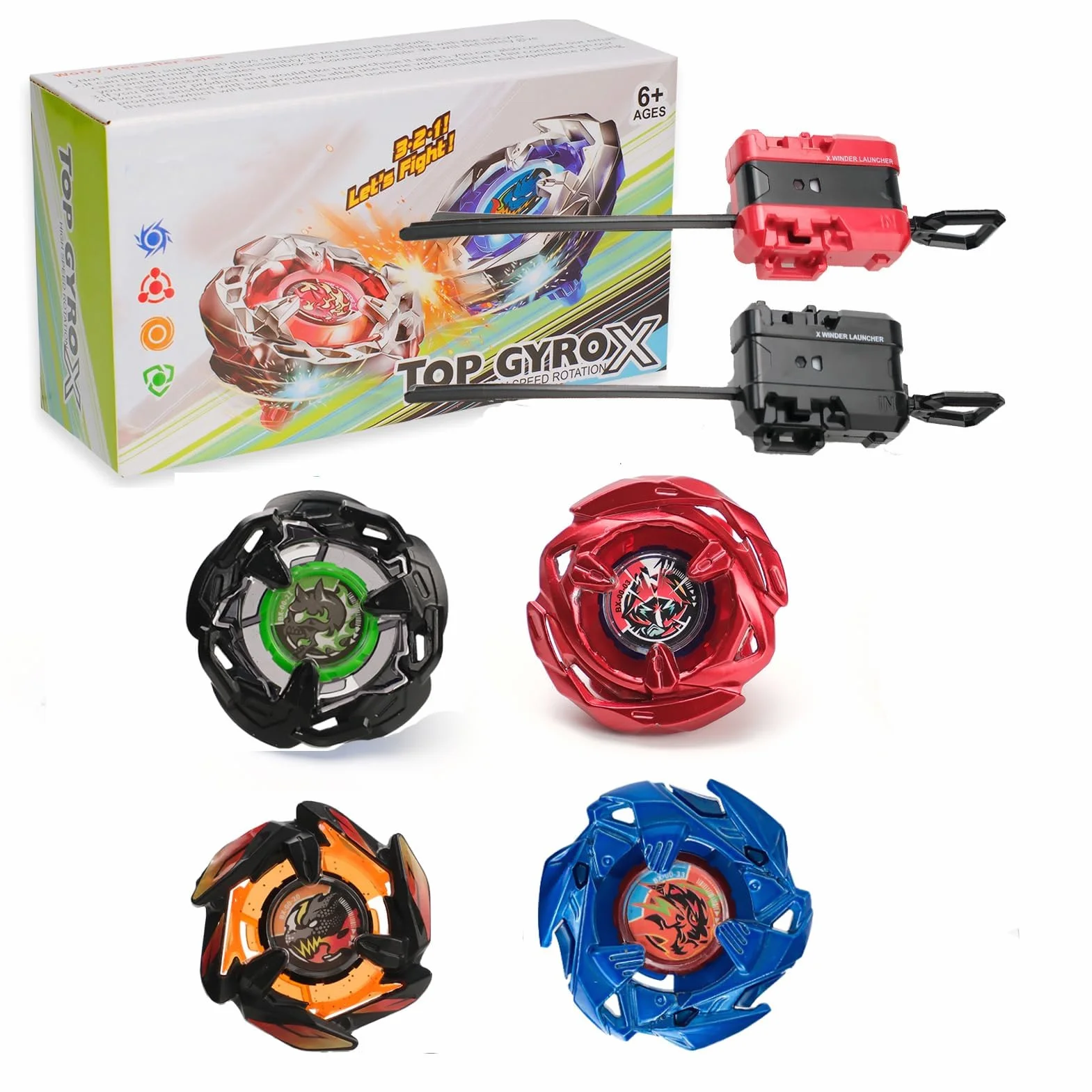 X Kreisel Battle Set, 4 toupies de Combat, 2 lanceurs, Gyro Starter Pack pour garçons, Jouets pour Enfants, Jouets d'anniversaire, 6+ (BB213)