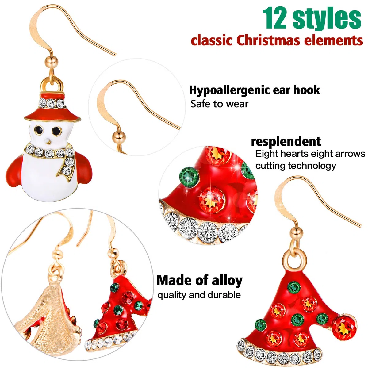 12 Paires Boucles d'Oreilles Pendantes de Noël - Ensemble de Bijoux Stud pour Femmes, Filles, Enfants - Goutte, Bonhomme de Neige, Flocon (Ensemble de Style 1)