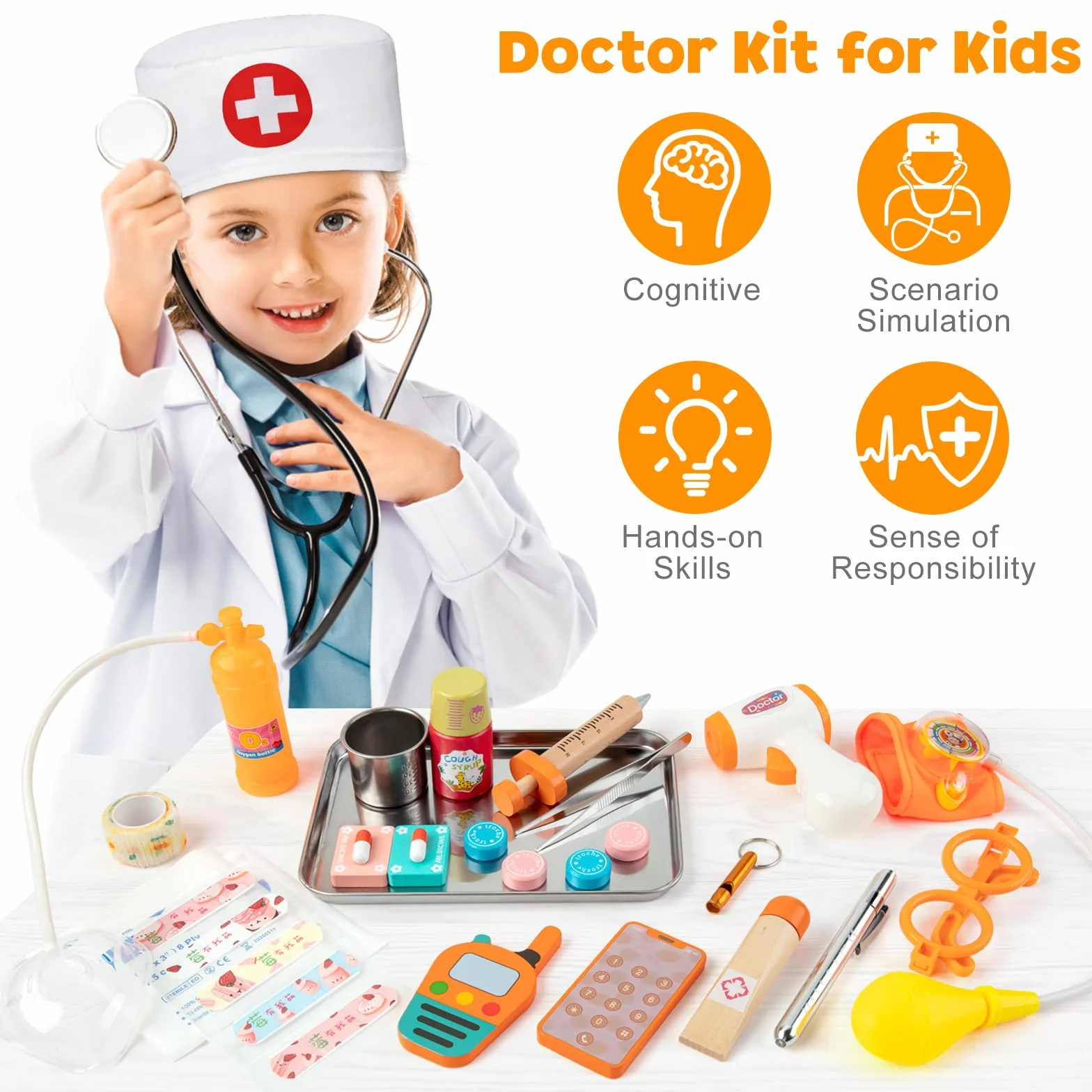 EFO SHM Malette Docteur Enfant, avec Vrai Stethoscope, Thermomètre, Seringue et Plus, Malette Docteur en Bois, Jouet pour Filles et Garçons de 3-6 Ans, Idéal Cadeau