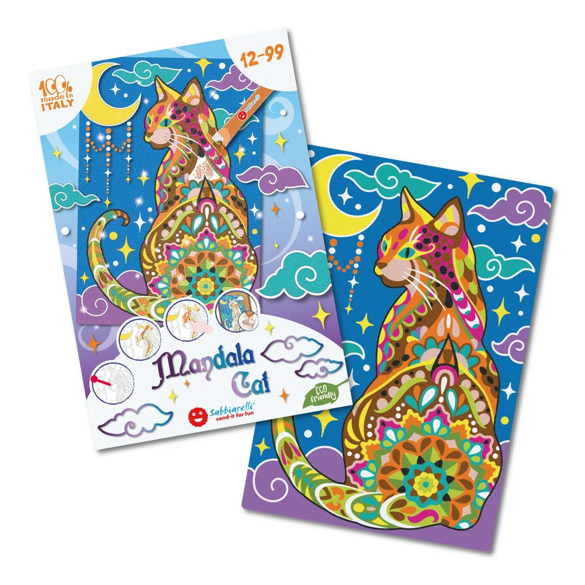 Sabbiarelli Sand-it For Fun – Maxi Set Mandala Chat 12-99 | Kit de Sand Art 100% Made in Italy avec Sable Coloré, 1 Poster Adhésif et Accessoires | Hobby Créatif Relaxant