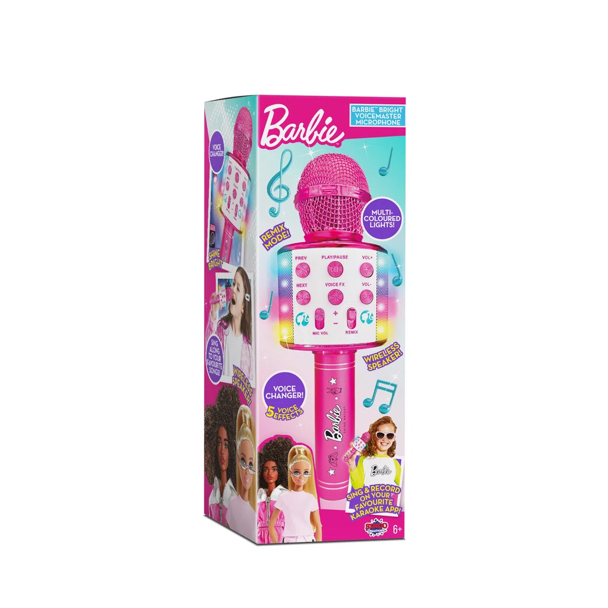 Sinco Creations Barbie Bright Voicemaster Microphone sans Fil karaoké Haut-Parleur sans Fil Lumières Multicolores 5 Effets vocaux Chanter et enregistrer