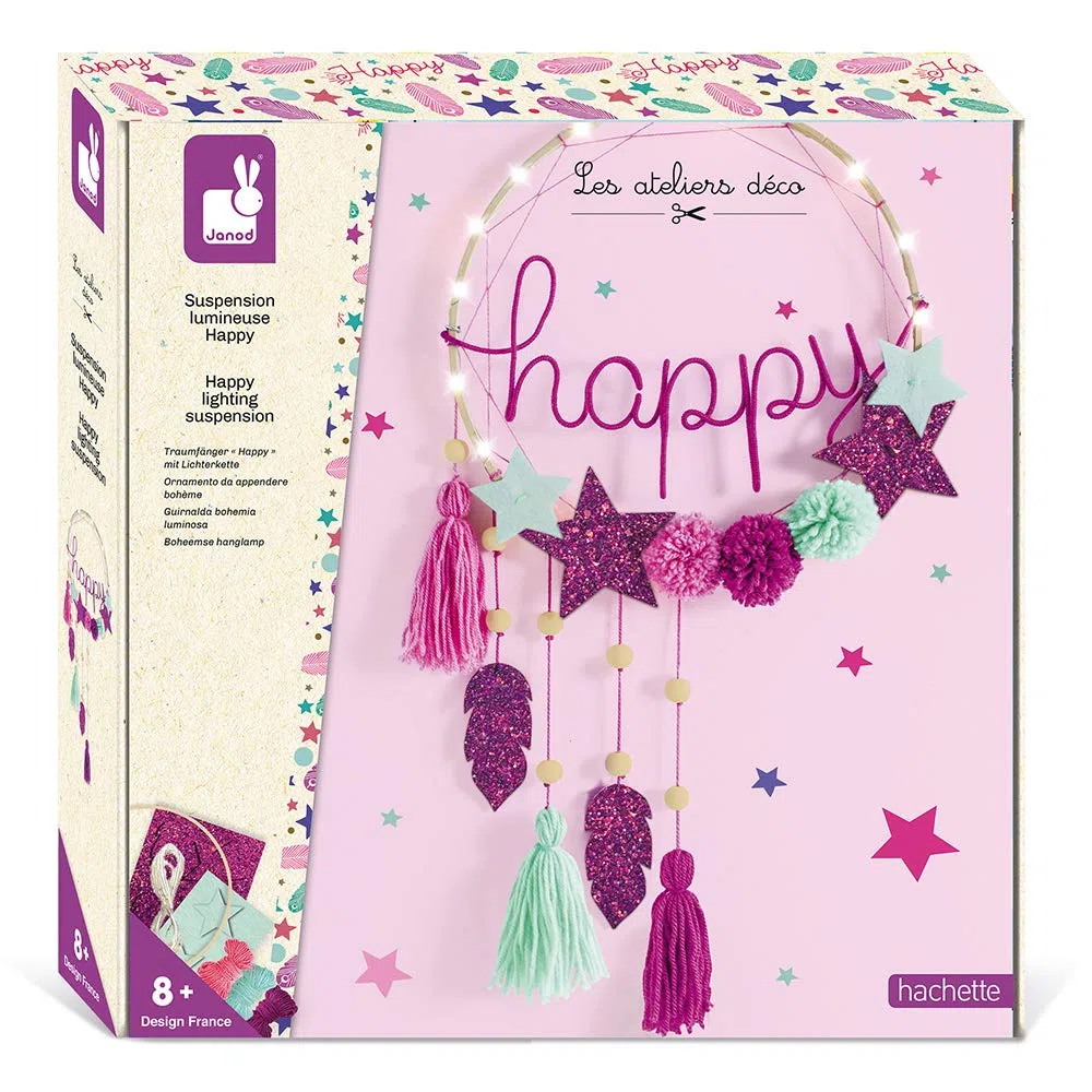 Janod - Suspension Lumineuse Happy à Fabriquer - Les Ateliers Déco - Kit Loisir Créatif Enfant - Apprentissage Motricité Fine et Créativité - Dès 8 ans, J07927