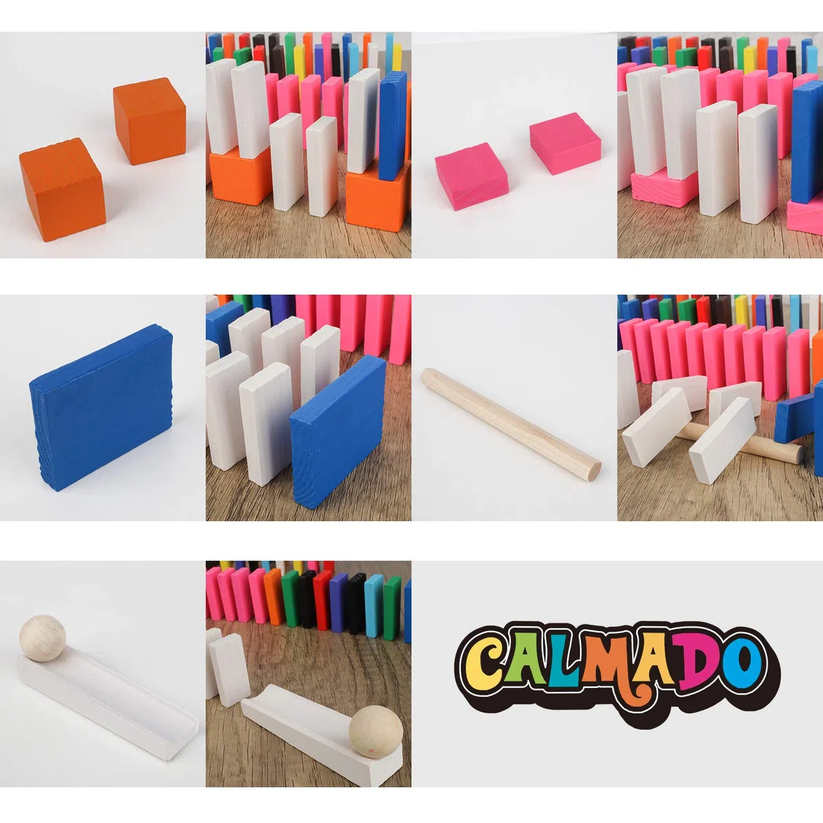 Calmado - Dominos en Bois 370 Pièces – Set Domino Rally pour Enfants et Famille – Dominos Colorés pour Construire et Jouer – Édition Party XXL avec Sac, Instructions et Accessoires