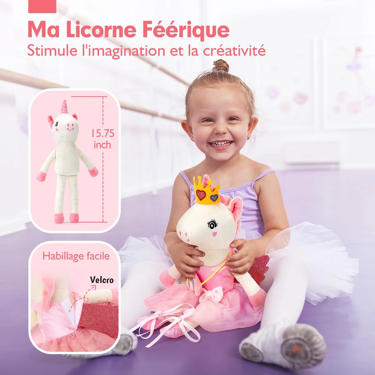 hahaland Licorne Peluche pour Filles 3+ Ans, Licorne à Habiller avec 3 Ensembles de Vêtements & 1 Sac Nuage en Fourrure, Jouet Créatif Jeu de Rôle, Cadeaux Anniversaire pour Fille 3 4 5 6 7 Ans