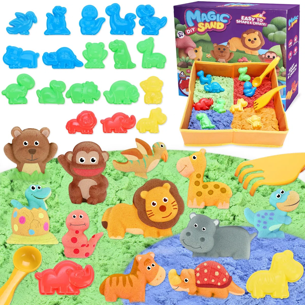 VBACALA Bac à Sable Magique Pour Enfants, Bac àSable Magique Pliable Avec 796g De sable, Moules à SablePour Animaux Sauvages, Pour Filles Et Garçons Cadeau De Jouet De able Pour Enfants 3 4 5