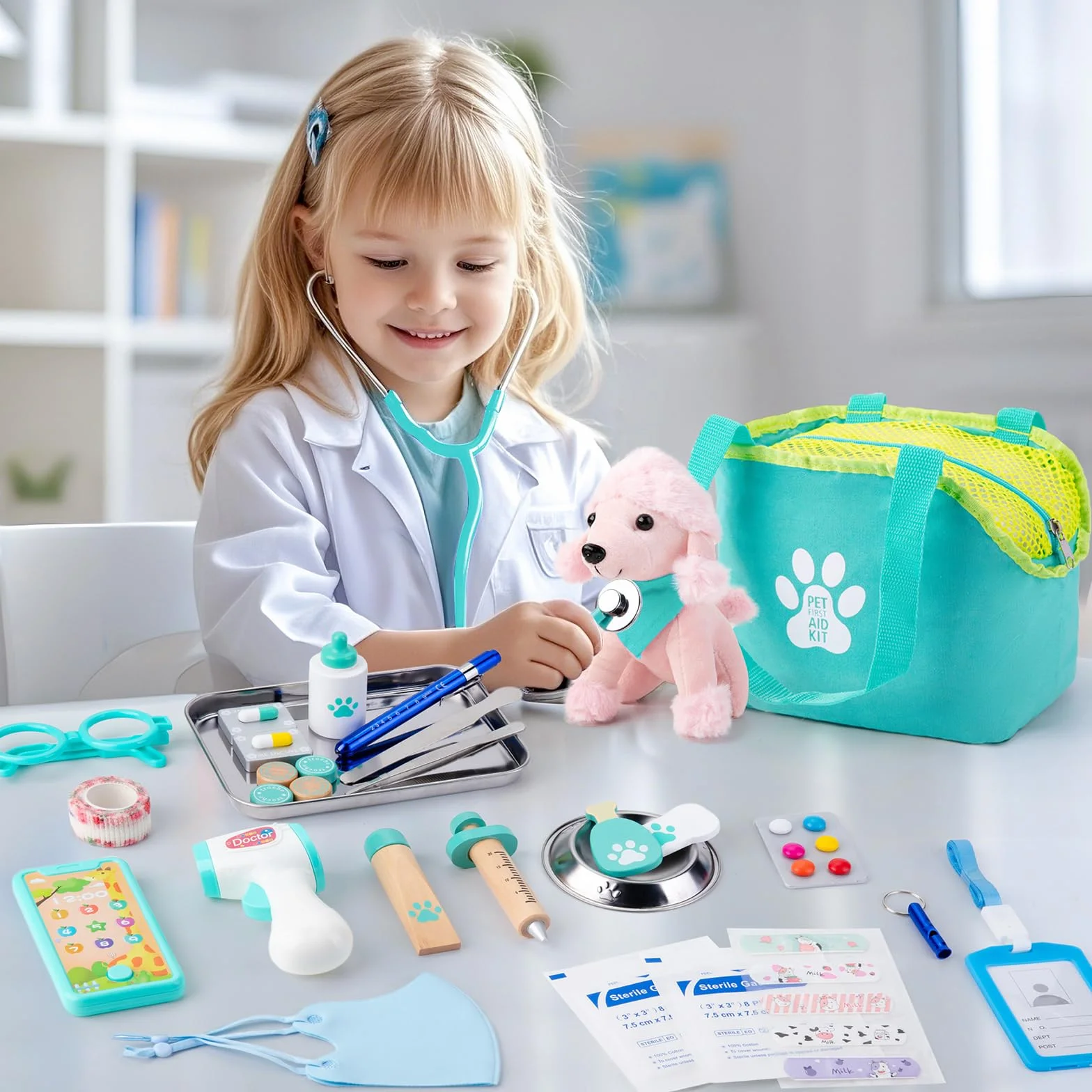 Sundaymot Malette Docteur Enfant, Veterinaire Enfant avec Peluche Chien, stéthoscope factice, thermomètre, Blouse de médecin et Sac de médecin Portable, Adapté Jouet Éducatif 3 Ans et Plus