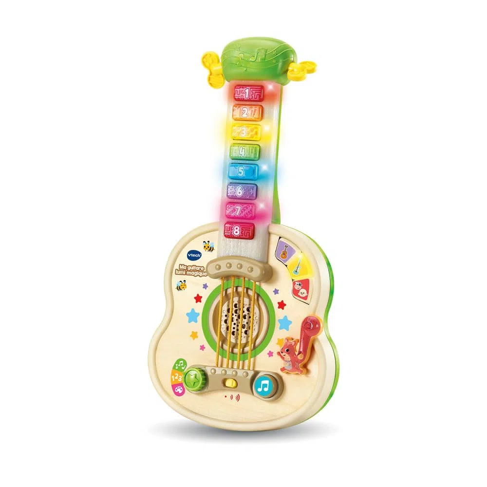 VTech - Ma Guitare Lumi Magique, Instrument de Musique Partiellement en Bois, Guitare Acoustique et Électrique, Jeu d'Éveil Musical et de Motricité Fine, Cadeau Bébé Dès 18 Mois - Contenu en Français