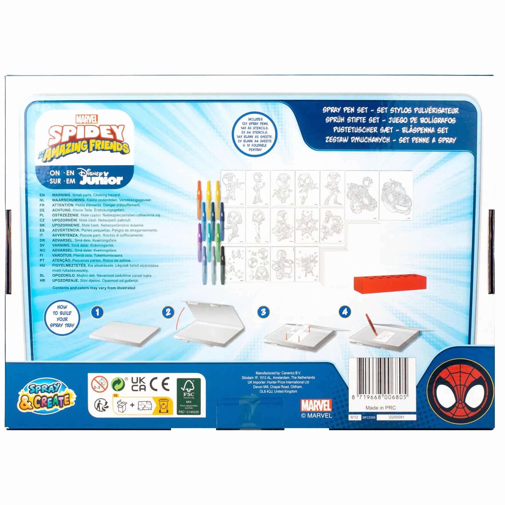Disney - Marvel - Spidey - Spray Pen Set Deluxe (SP22368) - Kit de Stylos Pulvérisateurs pour Colorier et Dessiner - 12 Stylos et 16 Pochoirs pour Créer des Couleurs et des Dessins Uniques