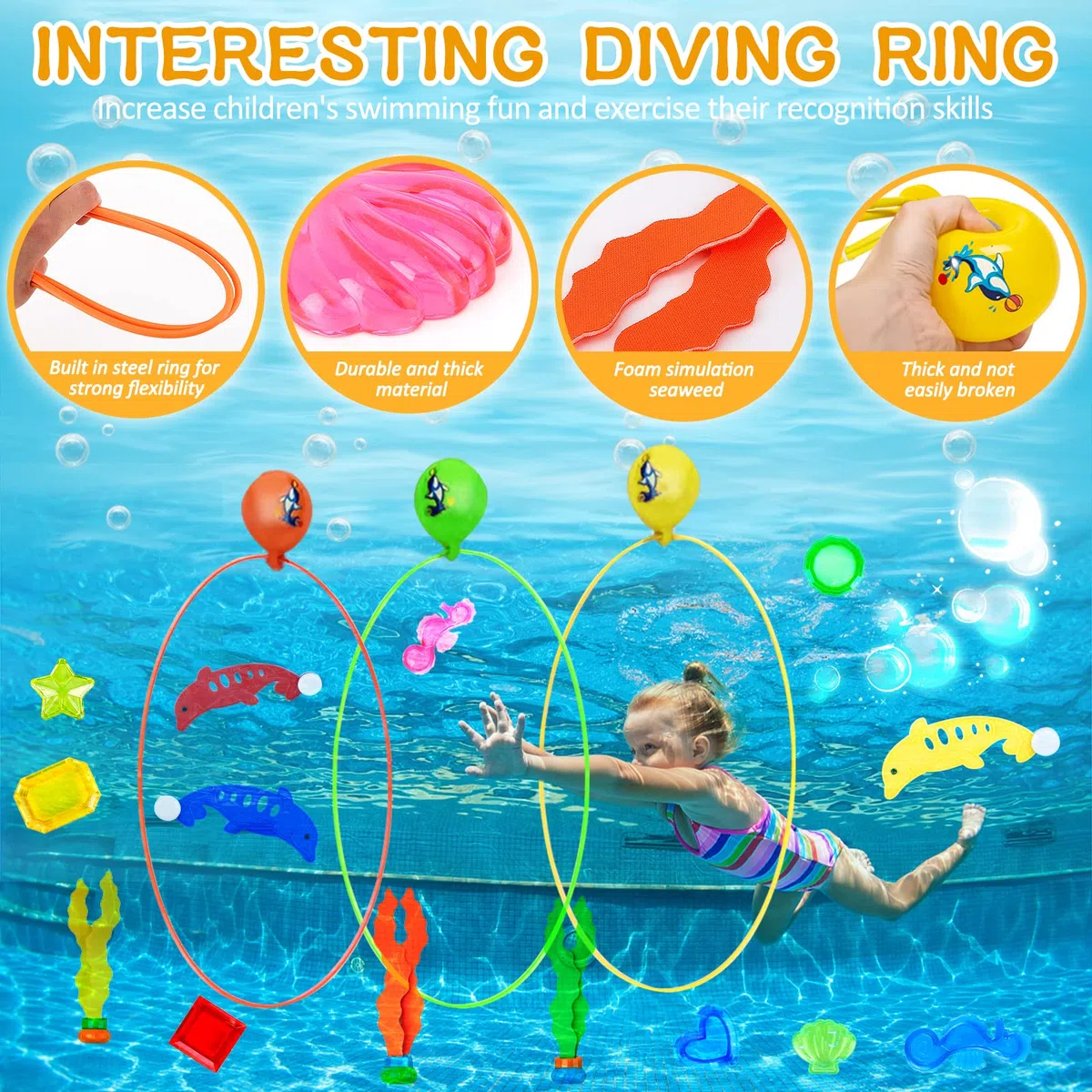 27pcs Jouets de Plongée,Jeux Piscine Enfant,Jouet sous Eau Été Jeux inclure 3 Anneaux de Plongée,Dauphin,Sac de Rangement,Algues,Jeu Piscine Cadeaux Garçon Fille 5-12 Ans Jeux sous Marins