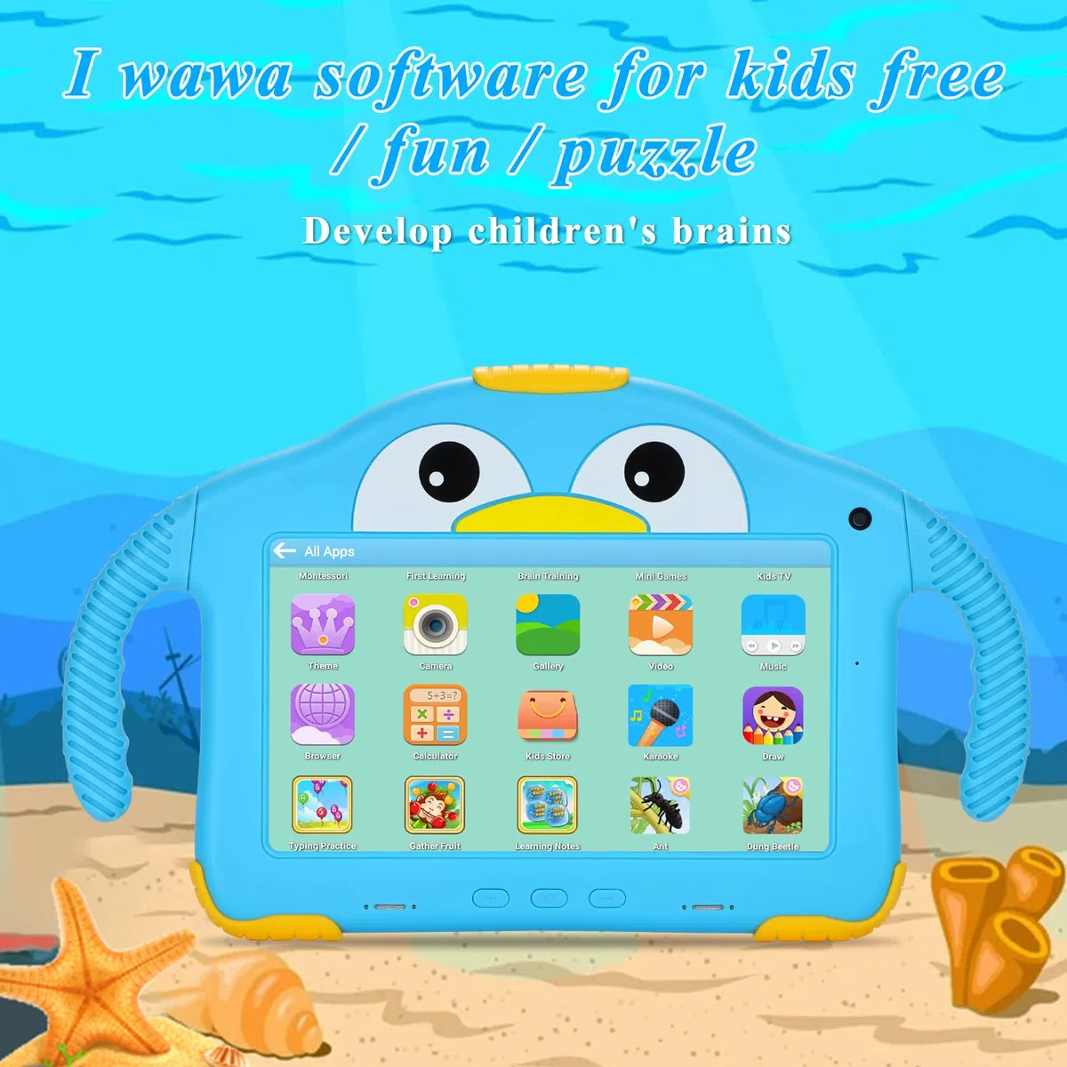 Tablette pour Enfants 7 Pouces Tablette Enfant éducative contrôle Parental WiFi Tablette Tactile Enfant Android 10 Tablettes Anti-Chute Jolie Forme de Pingouin Bleu