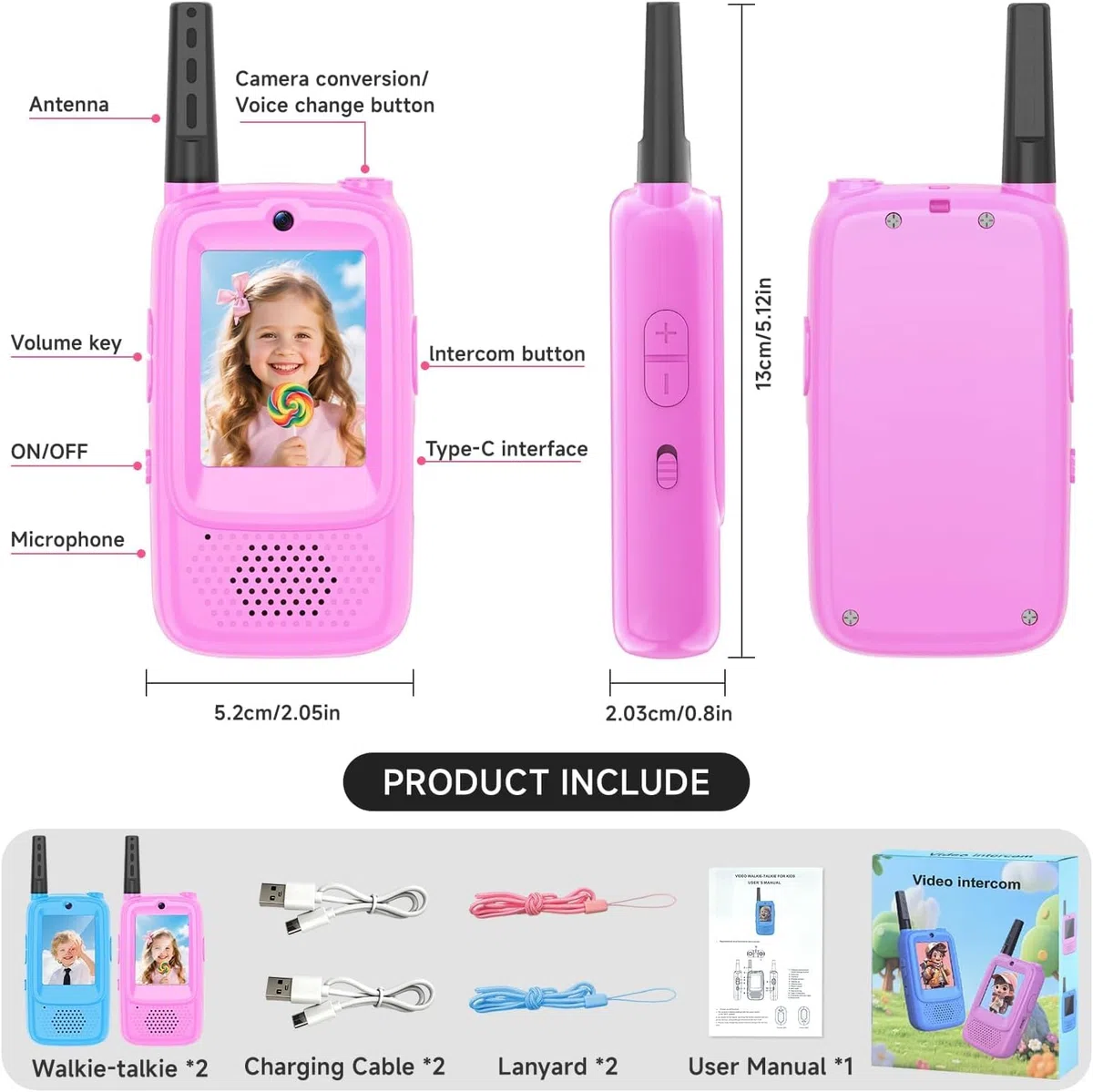 Talkies-Walkies Vidéo pour Enfants, Lot de 2, Rechargeables, à Double Caméra, Appairage Un à Un, Portée de 500m, Cadeaux Parfaits pour garçons et Filles de 3 à 12 Ans (Bleu/Rose)