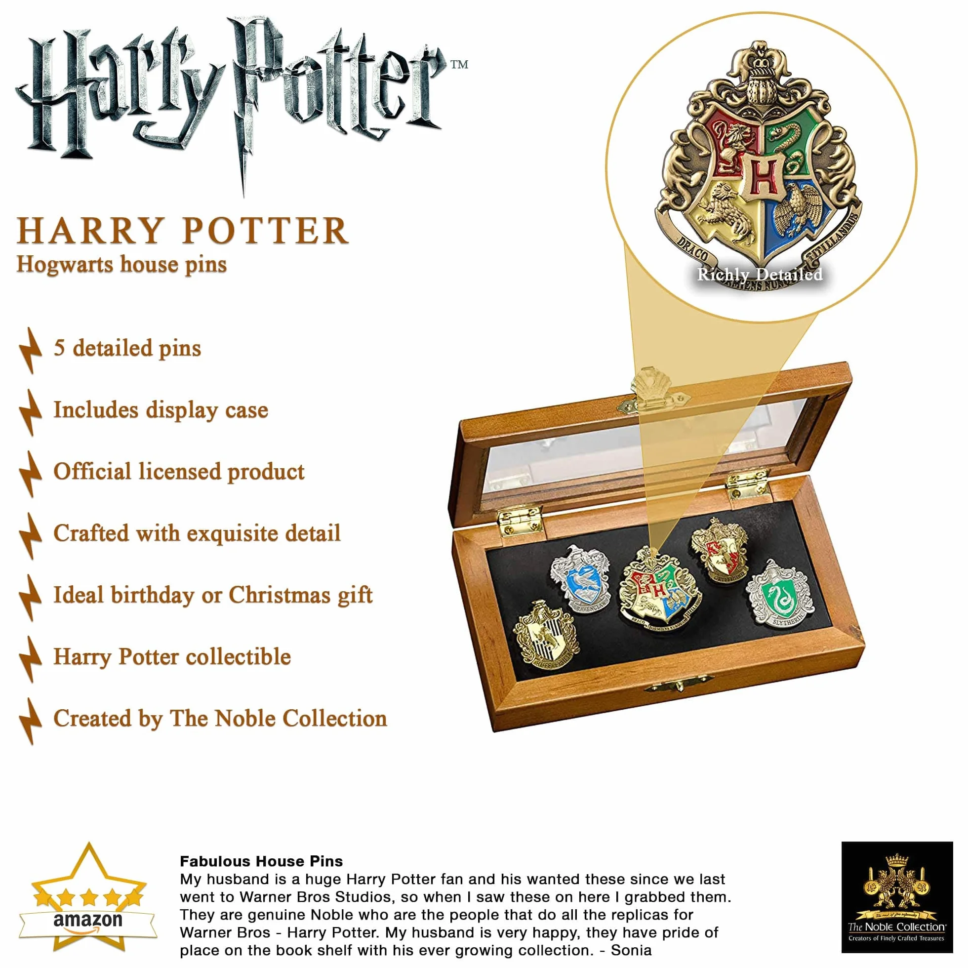 Épingle de la maison de Poudlard - Cinq épingles dans une vitrine. Collection Harry Potter Noble