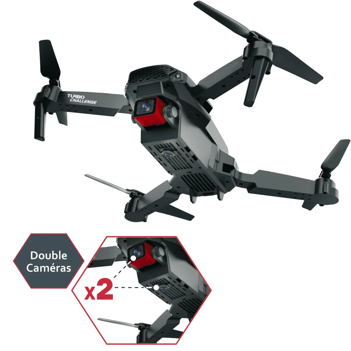 TURBO CHALLENGE - Drone - Quadricoptère - 400329 - Dispositif Volant - Noir - 2 Batteries Rechargeables - Cadeau - Anniversaire - Vidéo - Photo - Radiocommandé - Ecran Intégré - À Partir de 14 Ans