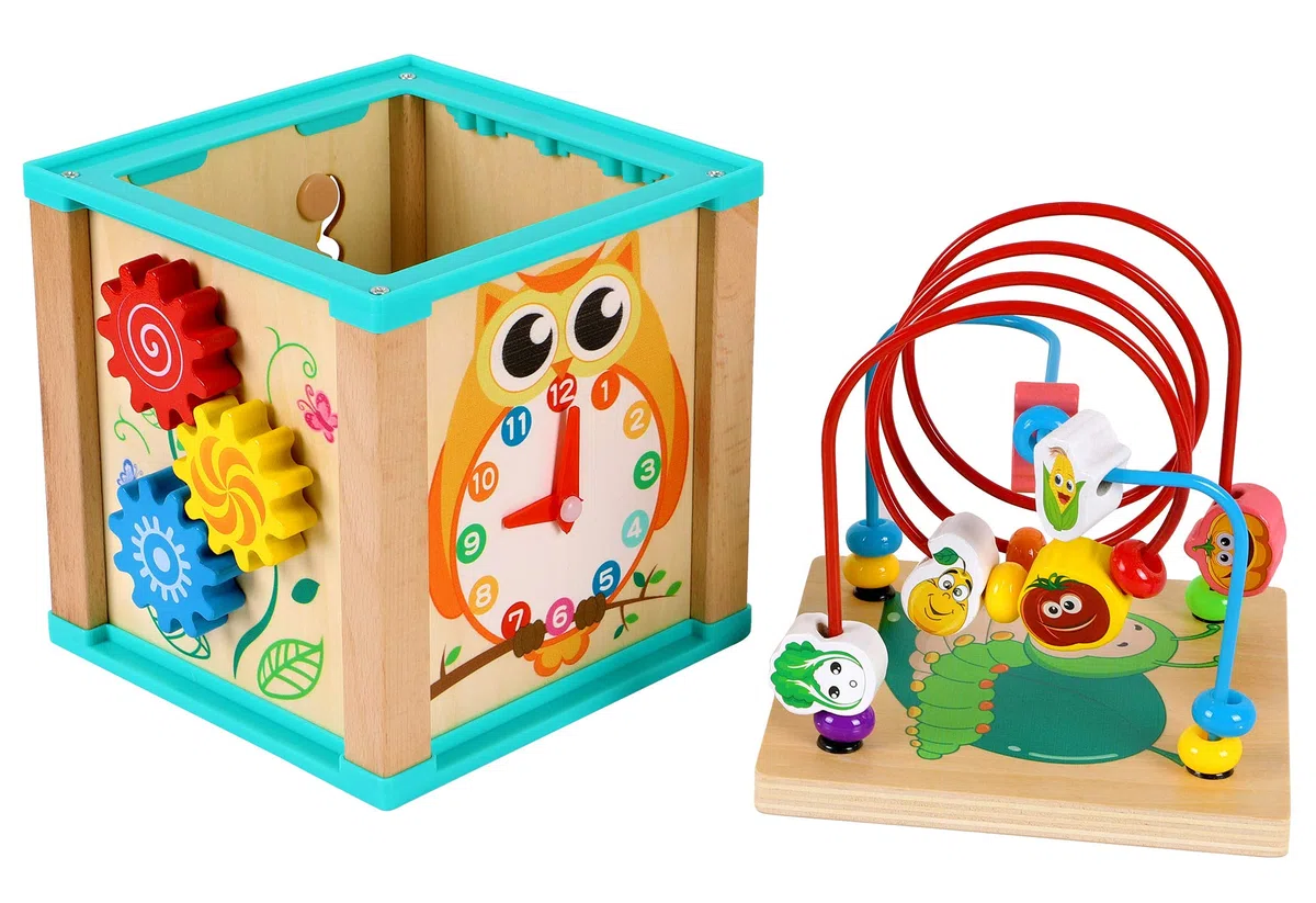 TOWO Labyrinthe de Perles Cube d'activité en Bois-5 activités montagnes russes boulier roues dentées engrenages horloge zig zag toboggan-jouets éducatifs précoces pour bébé 1 an Montessori