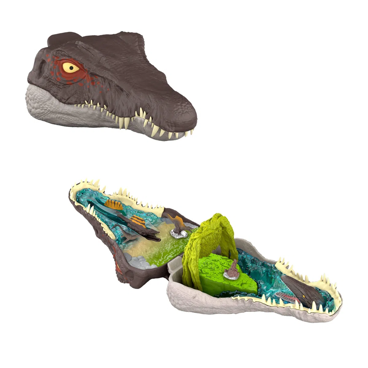 Mattel Jurassic World: Renaissance Coffret Micro Aventures Spinosaure , avec la tête du spinosaure qui s’ouvre et intègre 4 fonctions interactives, 3 mini-figurines, figurine dinosaure, JGB98