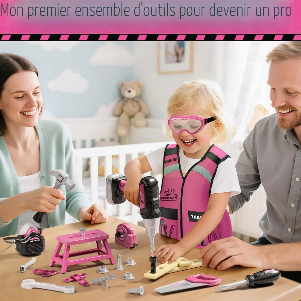 KidBloom Jouet Fille 3 Ans, Boite a Outils Enfant Rose avec Perceuse Électrique, Boîtes à Outils & Gilet, Jouet Enfant 3 4 5 Ans Fille