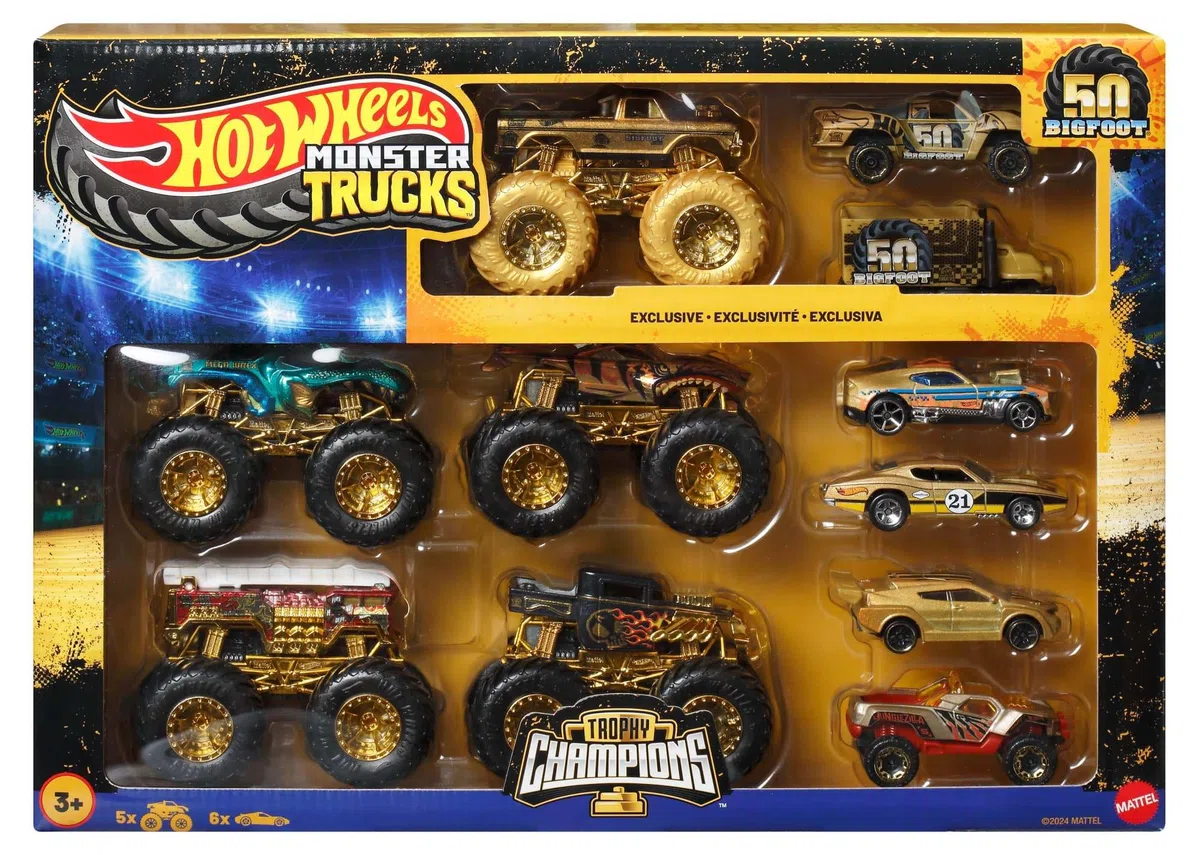 Hot Wheels Trophy Champions Coffret véhicules Monster Trucks avec Bigfoot, 5-Alarm, Bone Shaker, Mega-Wrex et Tiger Shark et 6 voitures en métal, JDW07