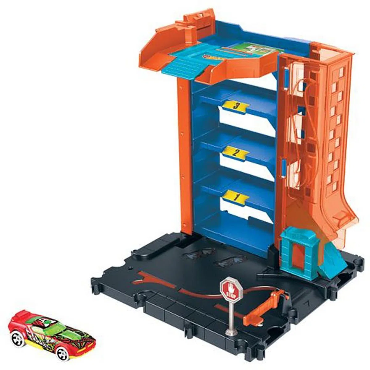 Hot Wheels - Coffret Garage City Downtown - avec 1 Voiture Espace pour 4 Véhicules - Compatible Circuits et Kits City - Cadeau dès 4 Ans, HDR28