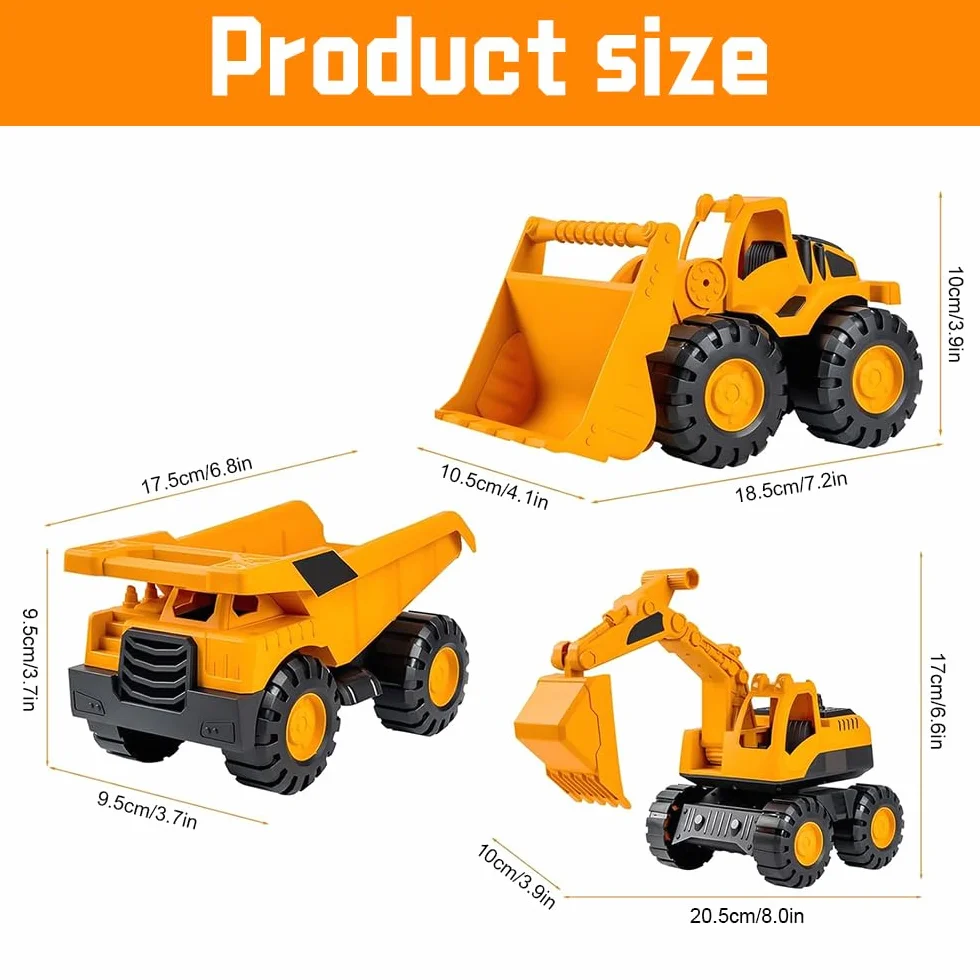 Lot de 3 Jouets de Pelleteuse, Pelleteuse Enfant, Camion Chantier Enfant, Camion à Benne Basculante, Chargeur, Excavatrice, Jouets pour Bac à Sable, Jouet pour Enfants Dès 3 Ans (Jaune)