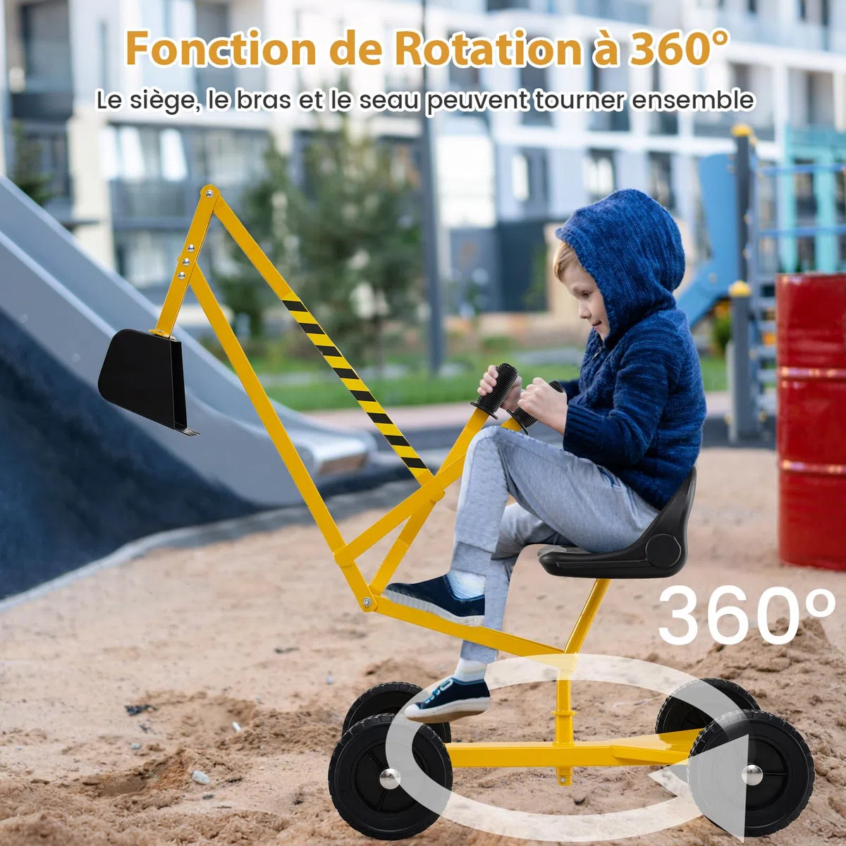 COSTWAY Pelleteuse Enfant avec Siège Pivotant à 360°& Pelle, Tractopelle pour Bac à Sable avec Cadre Métal & 4 Roues, Jouet Pelleteuse Excavatrice Manuelle pour Sable Terre Neige, 3 Ans+
