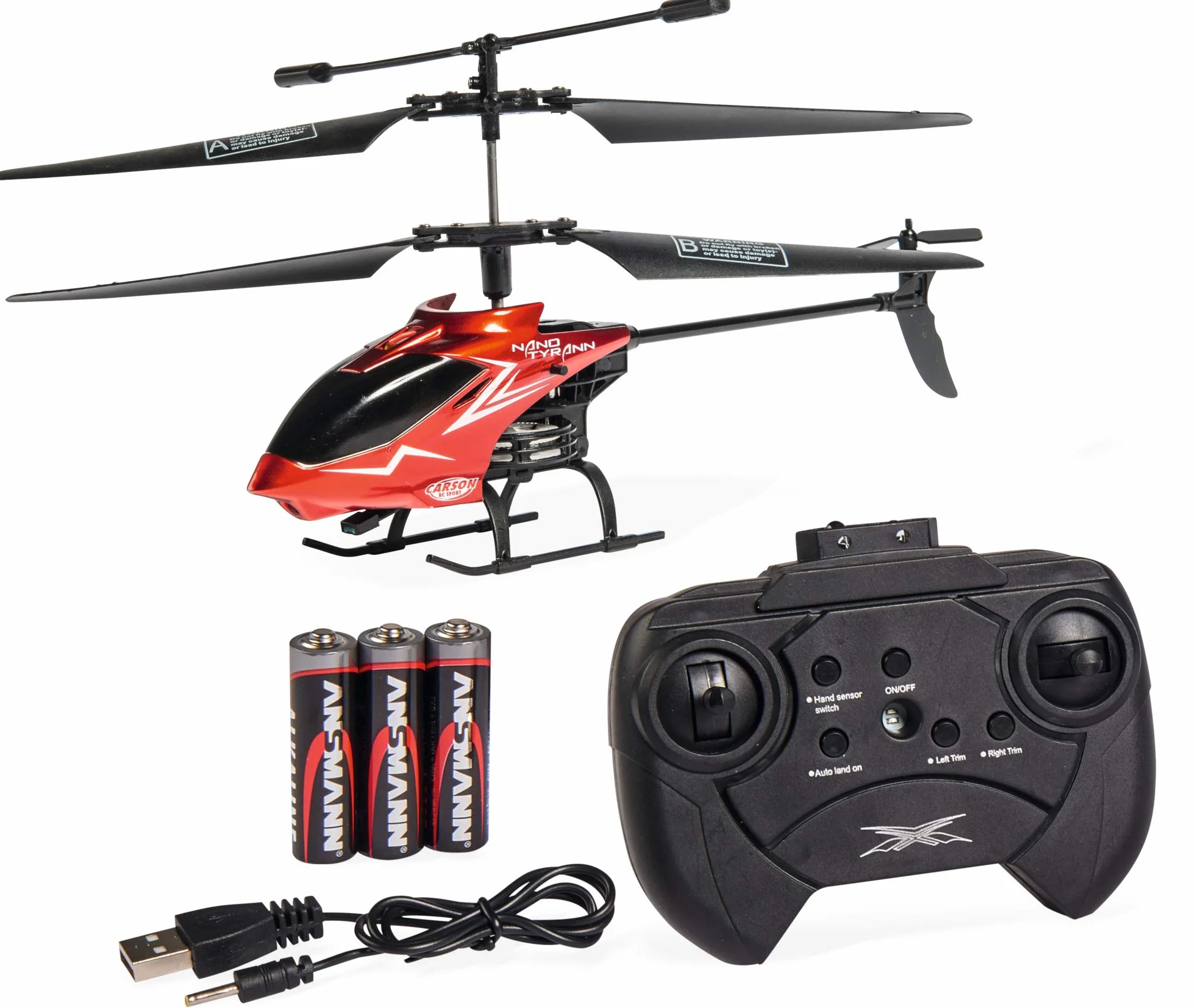 Carson 500507070 Nano Tyrann - Mini hélicoptère RC, modèle RTF (Ready to Fly) Robuste pour débutants, avec télécommande IR 2 canaux, pour Enfants à partir de 8 Ans, Rouge