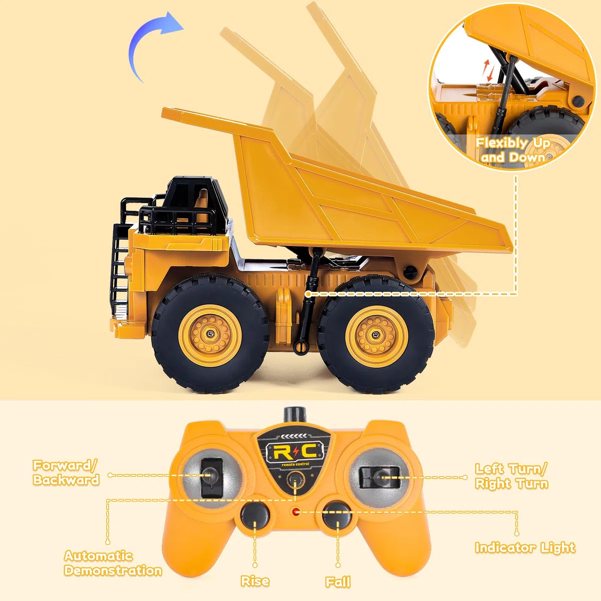 Highttoy Camion Benne Télécommande Enfant, Jouet Camion Poubelle 6 Canaux Échelle 1:24 Véhicule de Chantier Télécommandée avec LED et Son