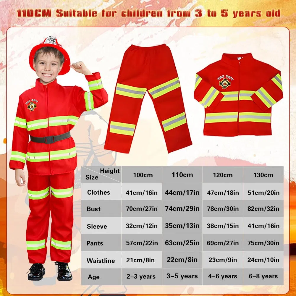 Costume de Pompier, 12pcs Jouet pour Enfants de 3 à 5 Ans pour Les Fêtes Costumées, L'éducation Aux Exercices D'incendie, Noël et le Jeu de Rôle à La Maison (110 cm)