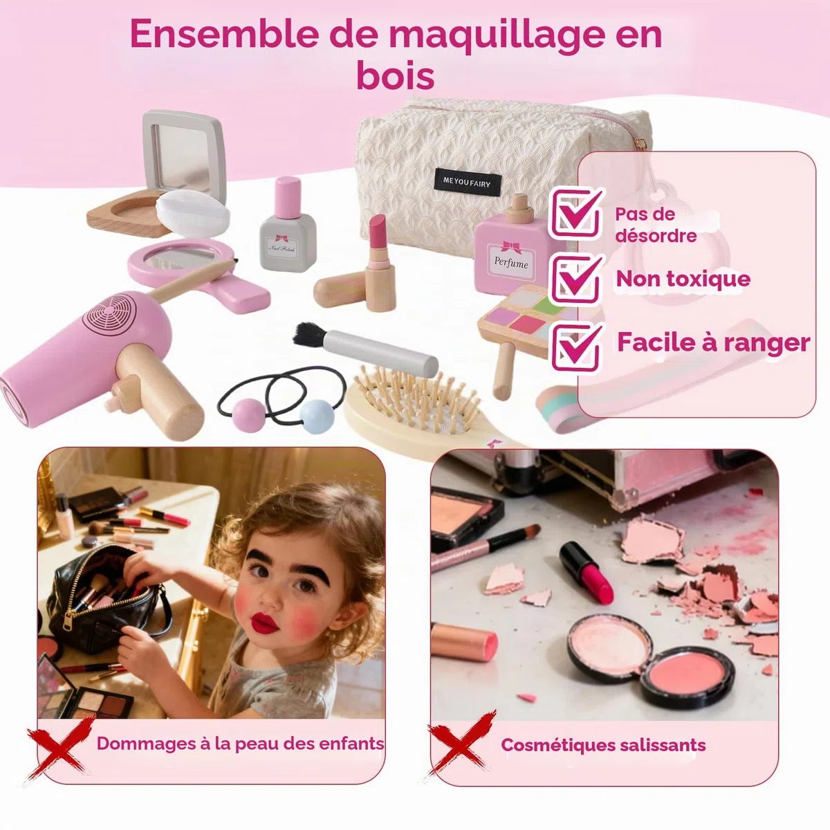 Jouets de Maquillage Kit pour Enfants, Faux Maquillage Enfant Fille, Coiffure en Bois pour Jeux de Rôle, pour Les Anniversaires et Noël des Enfants de 3 4 Ans.
