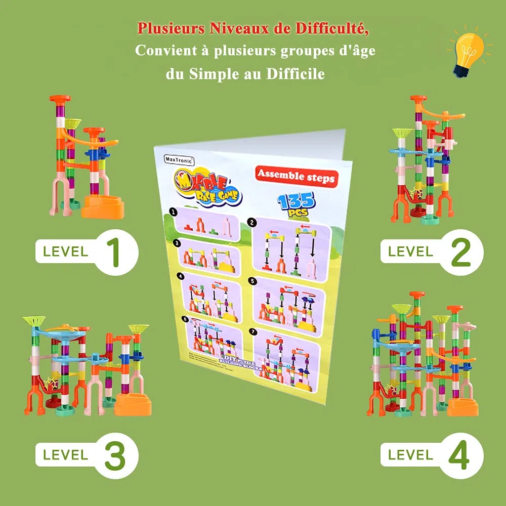 MaxTronic Jeu de Construction - 135Pcs Circuit de Billes Solide & Stable pour Enfant, Ludique Apprentissage Facile à Installer Jouets éducatifs Montessori Anniversaire Cadeaux Fille Garçon 3 Ans +