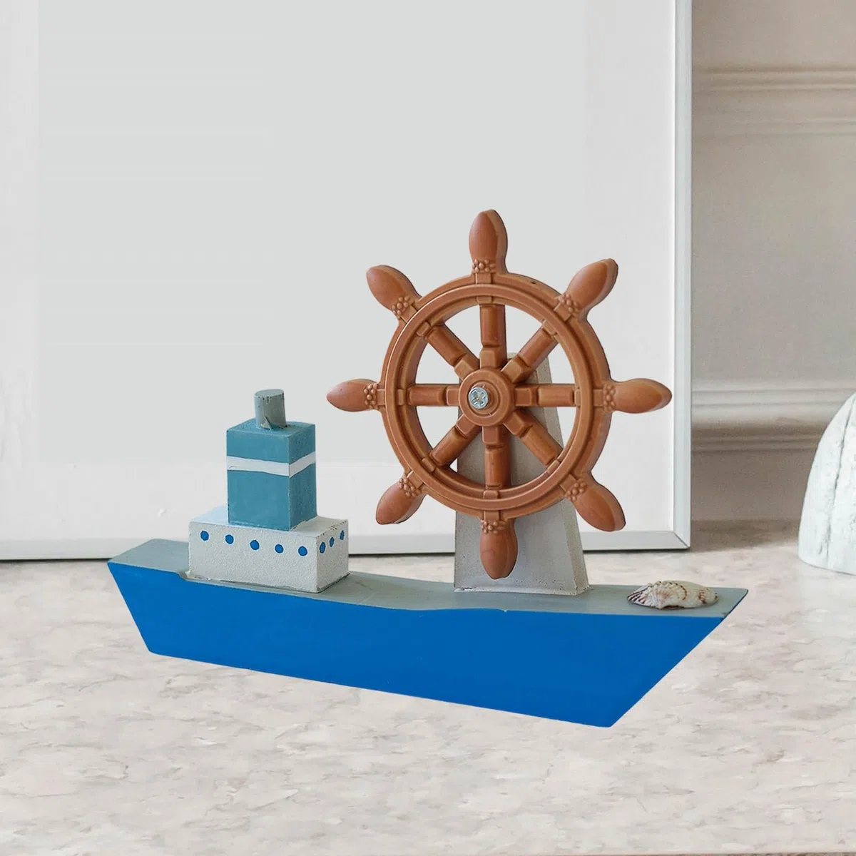 Gralara Maquette de Voilier En Bois, Décoration, Cadeau Nautique, Gouvernail avec Barre à Roue pour Hôtel Ou Ferme, Bleu Clair