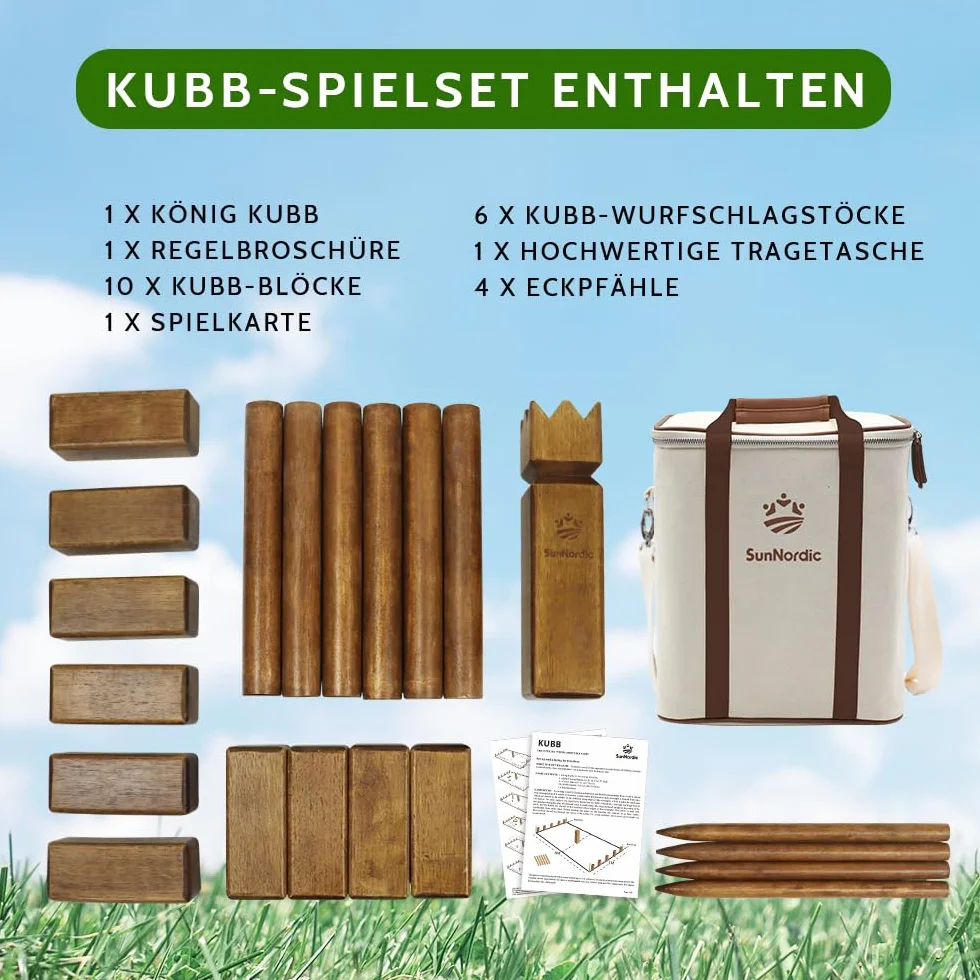 SunNordic Kubb Jeu d'échecs Viking - Jeu d'échecs suédois en bois d'hévéa de qualité supérieure - Avec sac de transport en toile et instructions de jeu - Robuste - Pour enfants et adultes