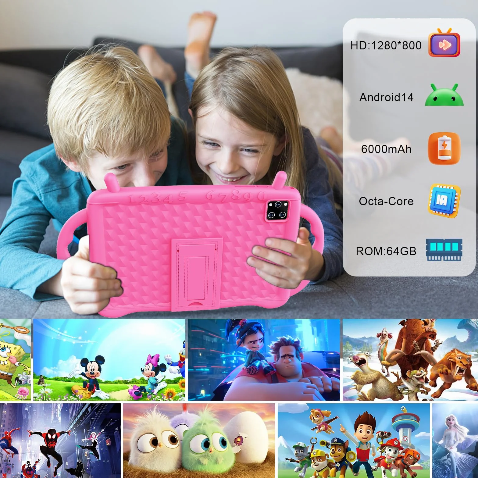 Tablette Enfants 10 Pouces, Tablette Android 14 Octa-Core 2,0 GHz, 10 Go RAM 64 Go ROM (TF 1 to), 6000 mAh, WiFi, Bluetooth, Double Caméra, Contrôle Parental, APP éducation Enfants (Rose)